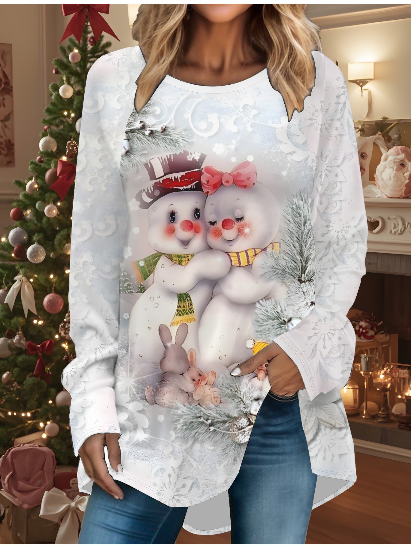 Camping - Women's Cozy Christmas Snowman Print Long